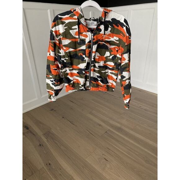 New Look Womens Orange Green and Black Camo Full Zip Hooded Jacket Size Medium - Picture 2 of 9